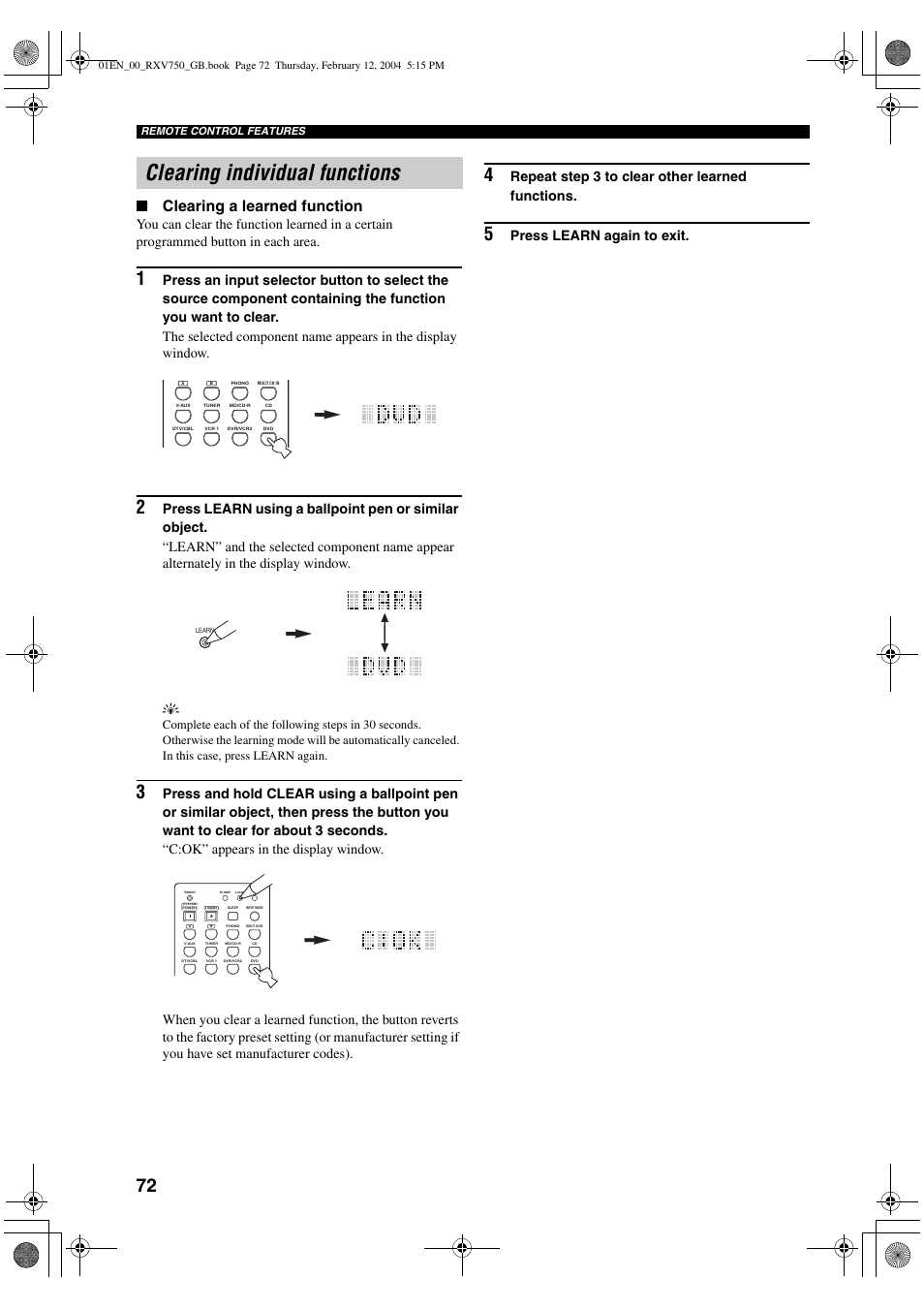 Clearing individual functions, Clearing a learned function, Repeat step 3 to clear other learned functions | Press learn again to exit | Yamaha DSP-AX750SE User Manual | Page 74 / 91