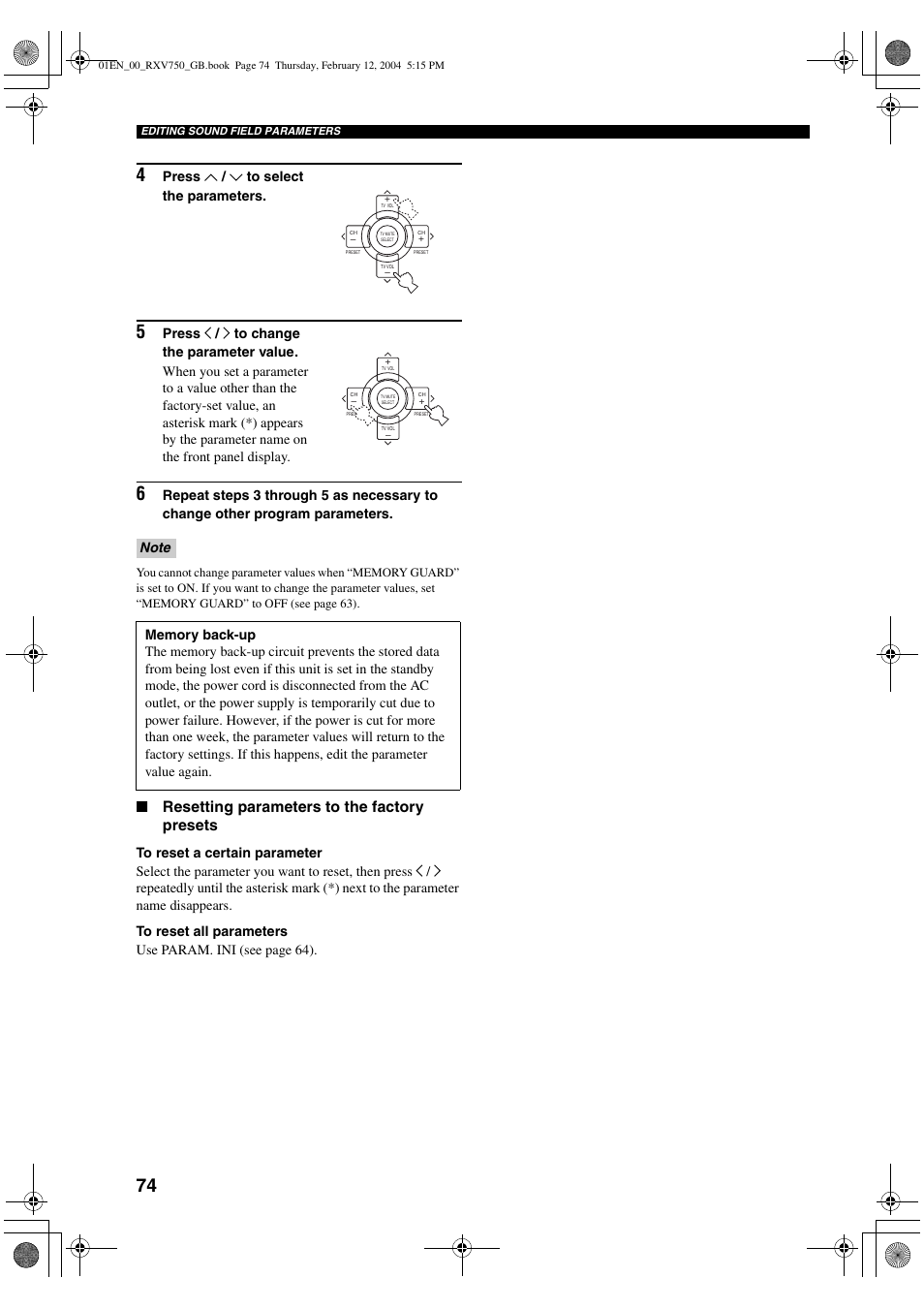 Resetting parameters to the factory presets | Yamaha DSP-AX750SE User Manual | Page 76 / 91