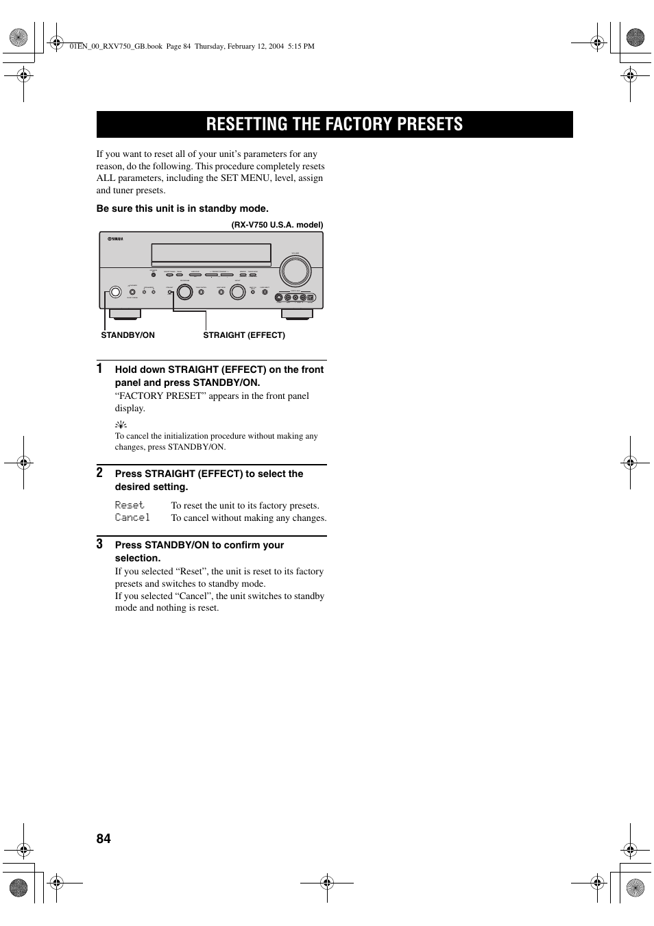 Resetting the factory presets | Yamaha DSP-AX750SE User Manual | Page 86 / 91