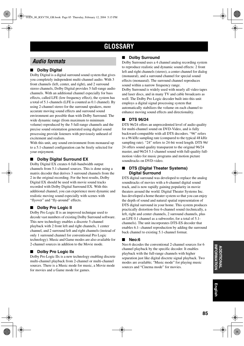 Glossary, Audio formats | Yamaha DSP-AX750SE User Manual | Page 87 / 91