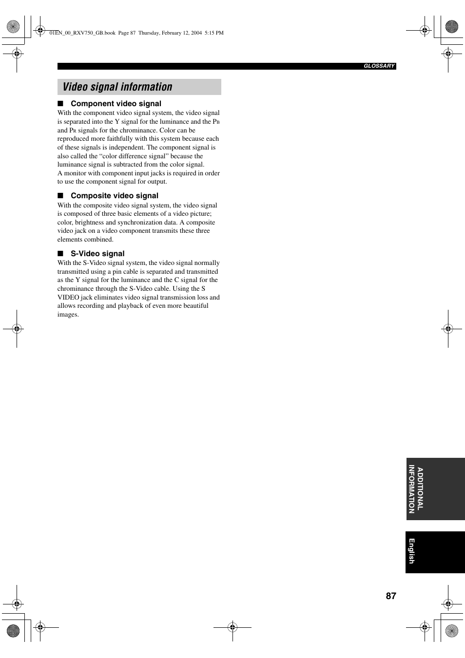 Video signal information | Yamaha DSP-AX750SE User Manual | Page 89 / 91