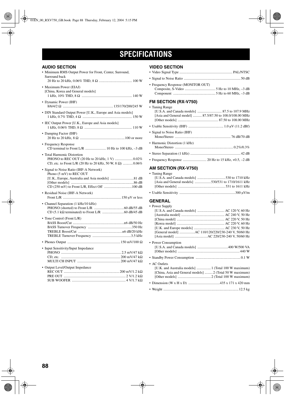 Specifications | Yamaha DSP-AX750SE User Manual | Page 90 / 91