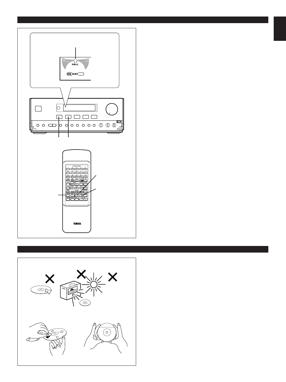 Compact disc player operation, Care of compact discs, Listening to the music with the dsp | If you will not use the dsp, When listening with headphones, Receiver, Phones mode indicator receiver | Yamaha CC-50 User Manual | Page 17 / 48