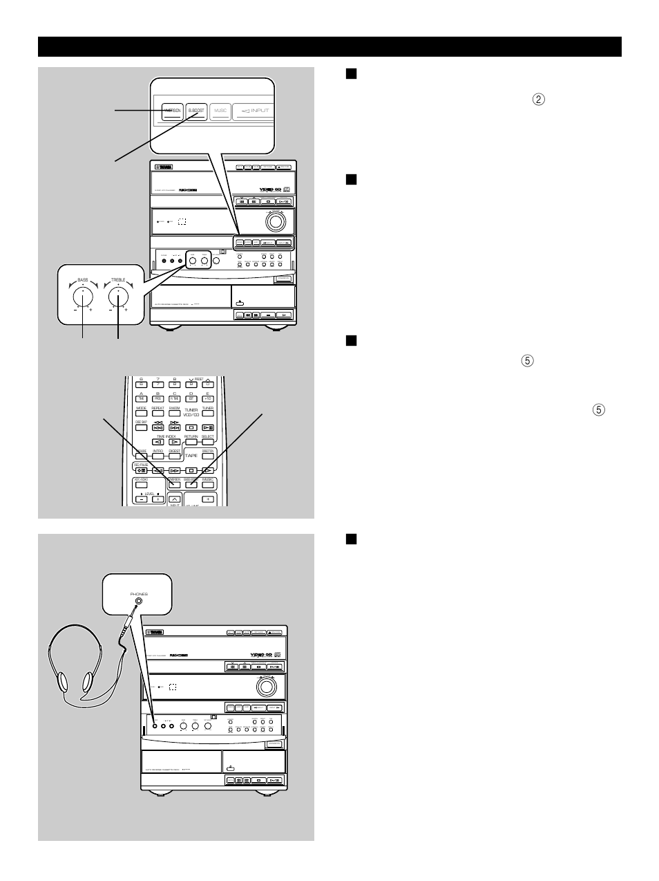 Listening with headphones, E-30, Various sound control Ⅵ b. (bass) boost button | Bass and treble controls, Ymersion button, Bass boost bass treble ymersion b. boost ymersion, Standby timer down up, Dolby b nr direction, Preset/ tuning/ band a/b/c/d/e, Press this button so that “bass boost | Yamaha GX-500VCD User Manual | Page 38 / 46