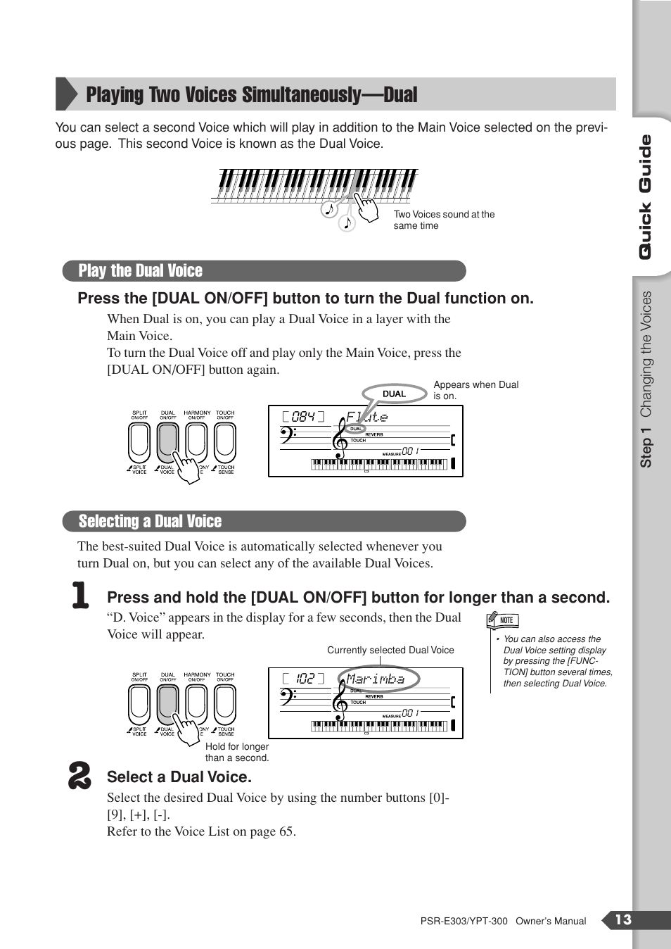 Playing two voices simultaneously-dual, Playing two voices simultaneously—dual, Play the dual voice | Selecting a dual voice | Yamaha YPT-300 User Manual | Page 13 / 84