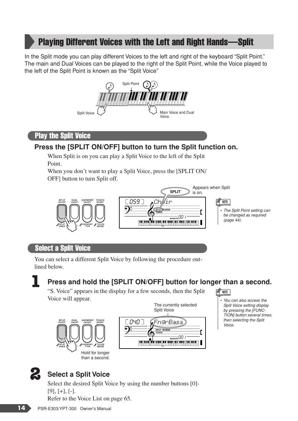 Playing different voices with the left and, Right hands—split, Play the split voice | Select a split voice | Yamaha YPT-300 User Manual | Page 14 / 84