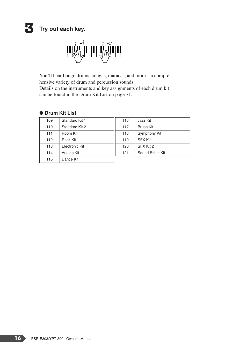 Try out each key | Yamaha YPT-300 User Manual | Page 16 / 84