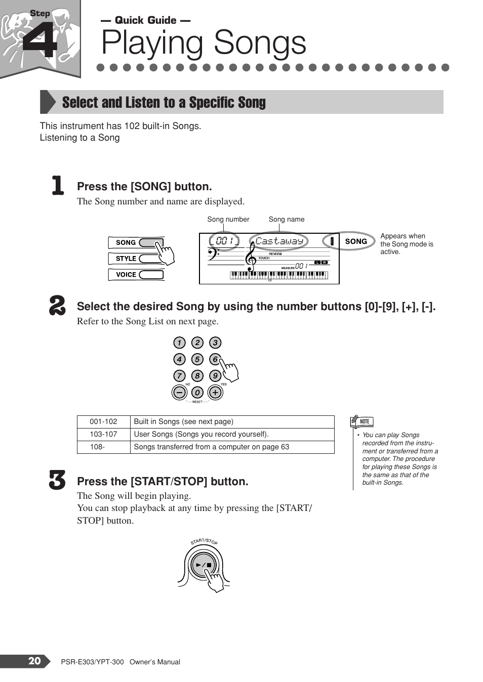 Step 4 playing songs, Select and listen to a specific song, Step 4 | Playing songs | Yamaha YPT-300 User Manual | Page 20 / 84