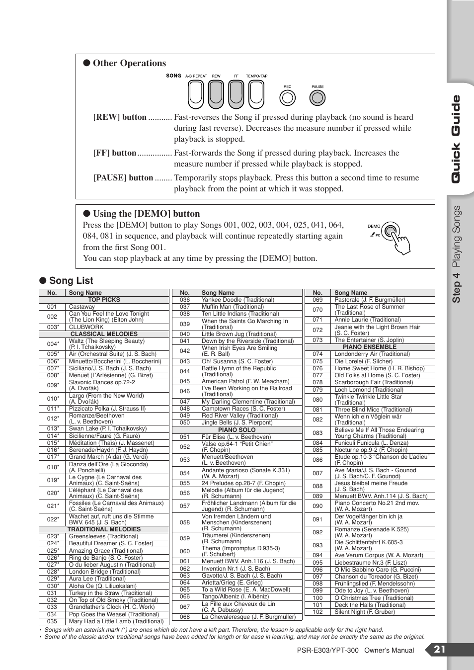Quick guide, Step 4 playing songs, Song list | Other operations, Using the [demo] button | Yamaha YPT-300 User Manual | Page 21 / 84