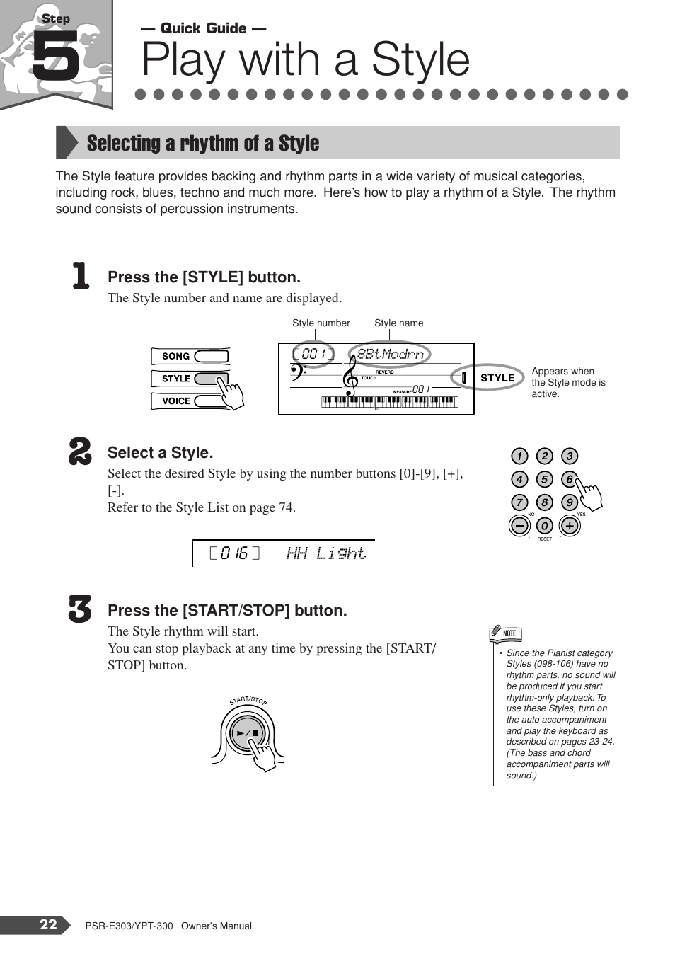 Step 5 play with a style, Selecting a rhythm of a style, Step 5 | Play with a style | Yamaha YPT-300 User Manual | Page 22 / 84