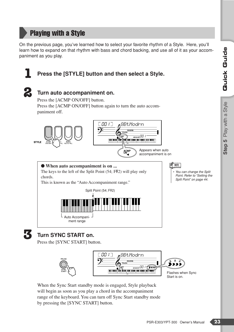 Playing with a style | Yamaha YPT-300 User Manual | Page 23 / 84