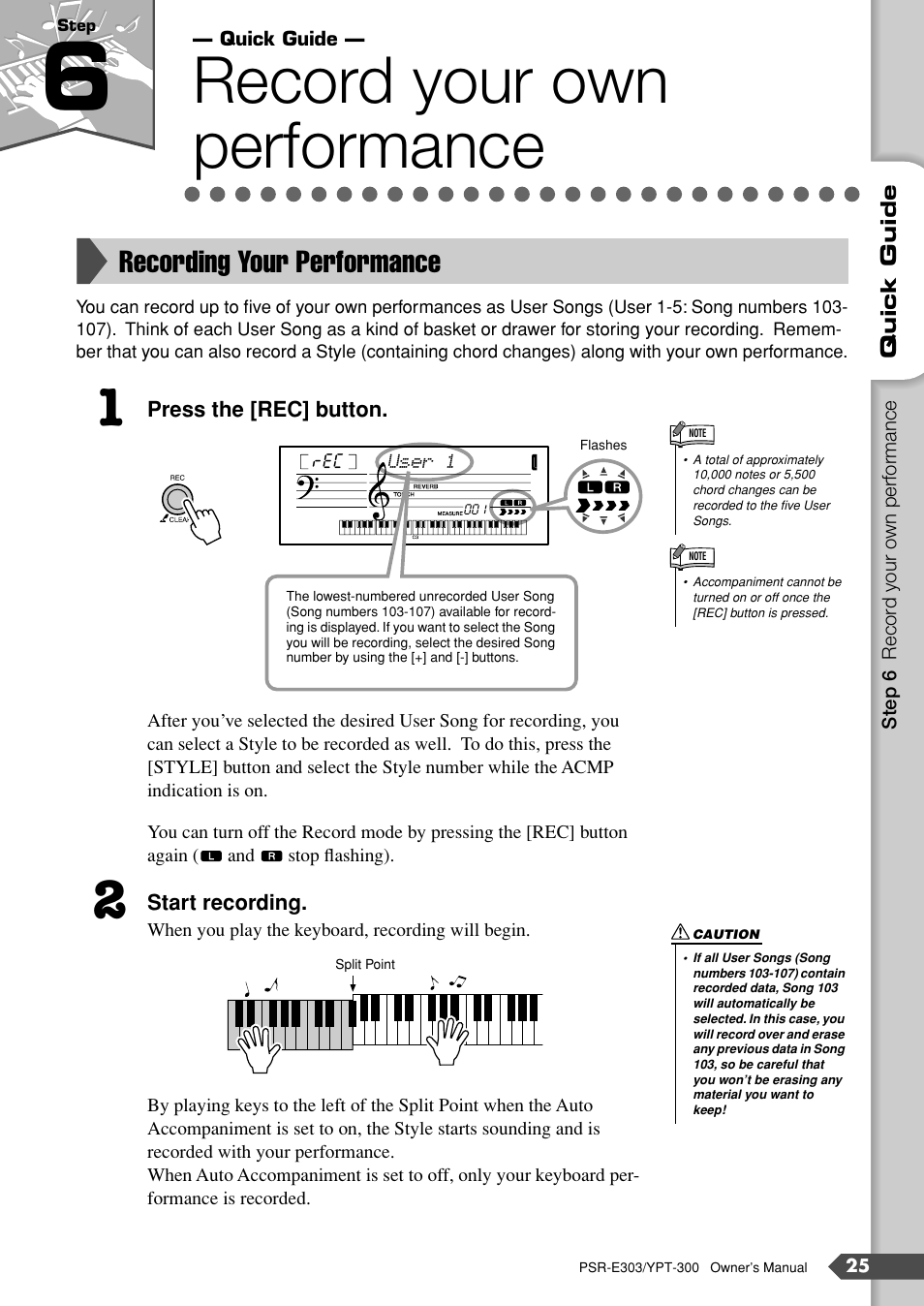 Step 6 record your own performance, Recording your performance, Step 6 | Record your own performance | Yamaha YPT-300 User Manual | Page 25 / 84
