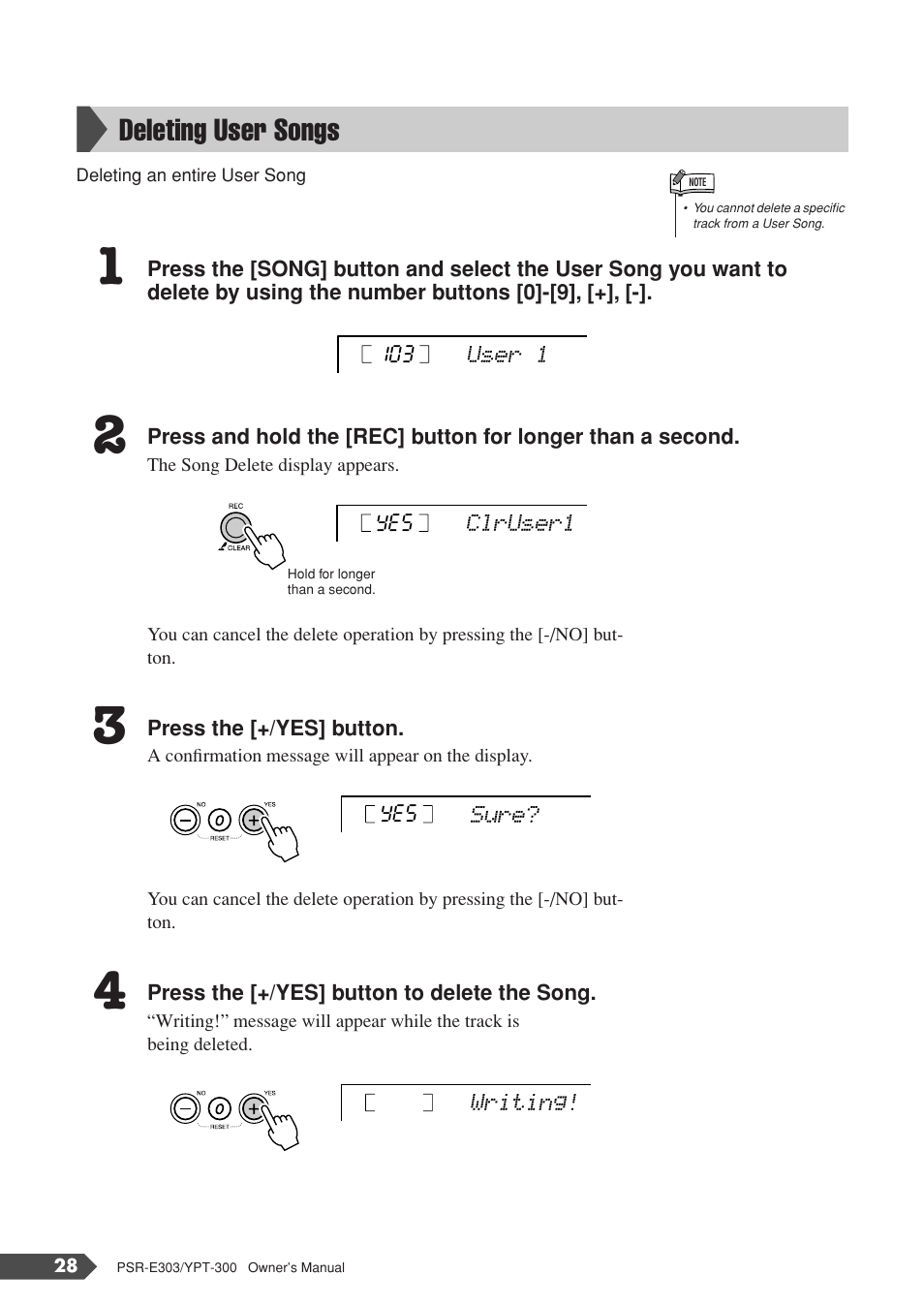Deleting user songs | Yamaha YPT-300 User Manual | Page 28 / 84