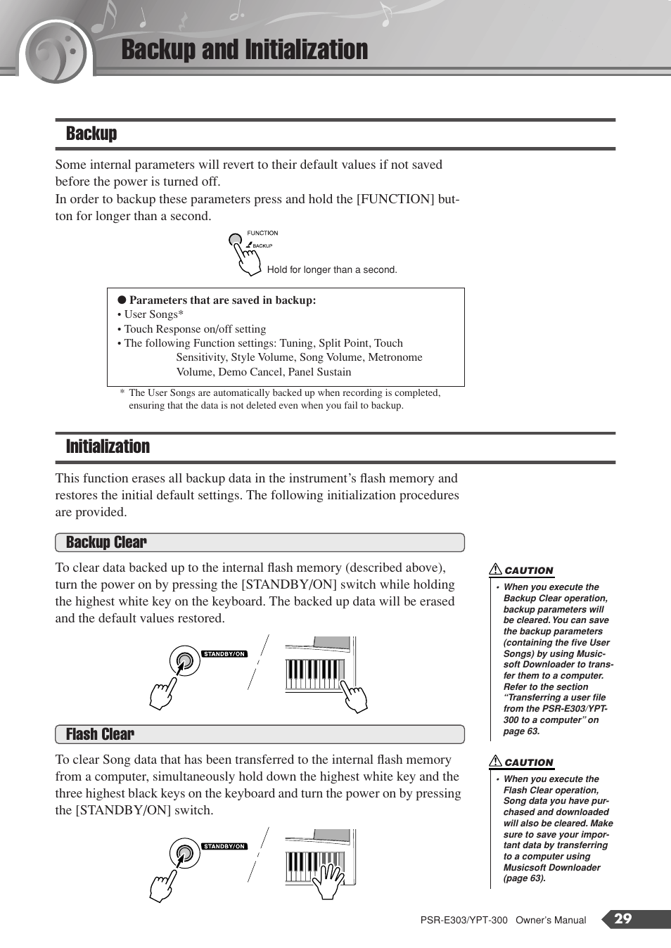 Backup and initialization, Backup, Initialization | Backup initialization, Backup clear, Flash clear | Yamaha YPT-300 User Manual | Page 29 / 84