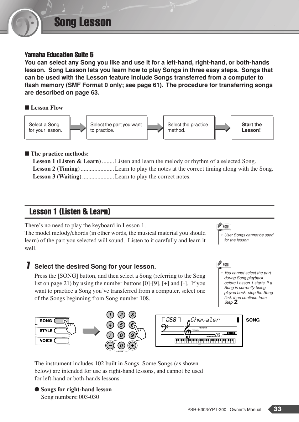 Song lesson, Lesson 1 (listen & learn), Yamaha education suite 5 | Yamaha YPT-300 User Manual | Page 33 / 84
