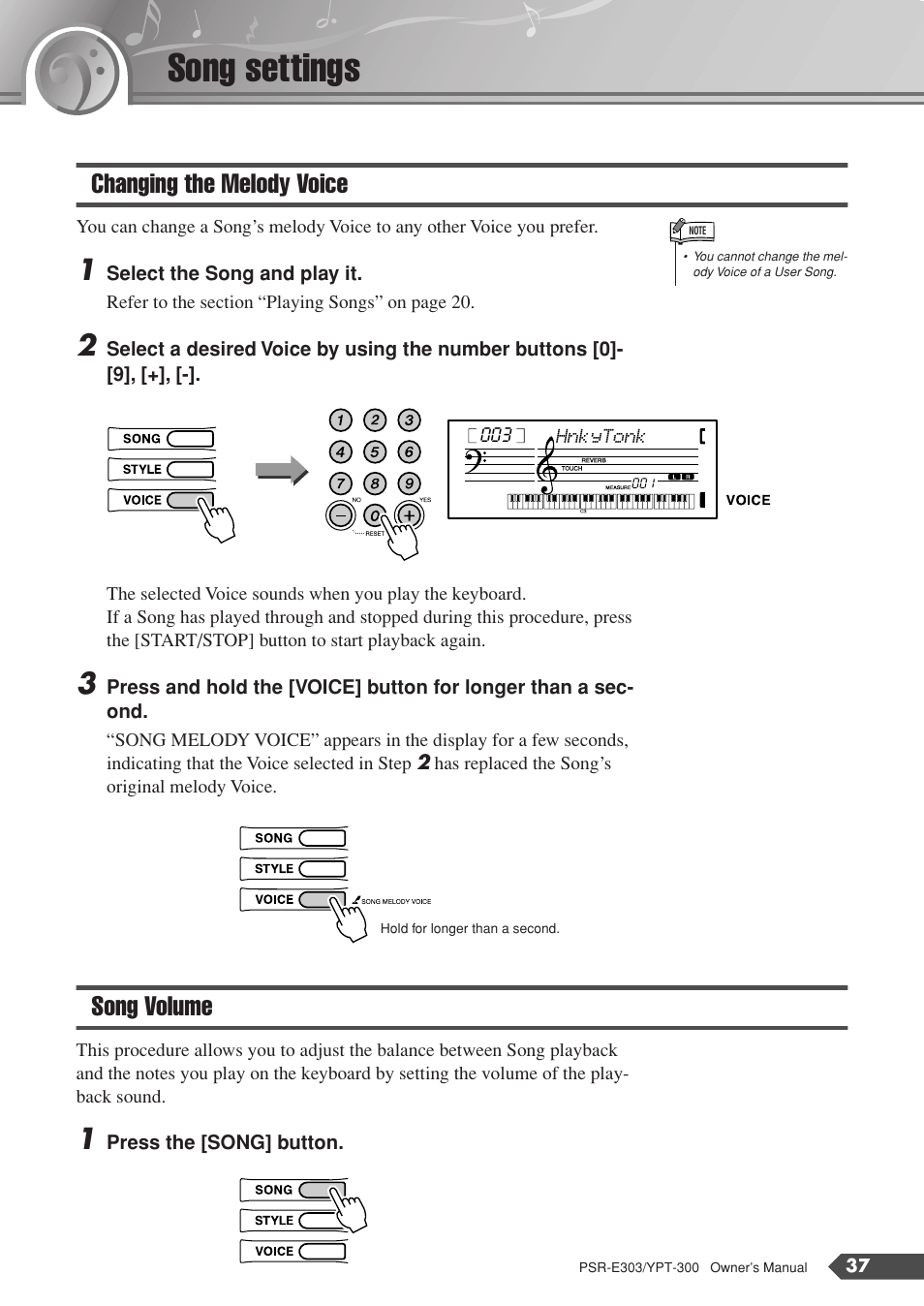 Song settings, Changing the melody voice, Song volume | Changing the melody voice song volume | Yamaha YPT-300 User Manual | Page 37 / 84