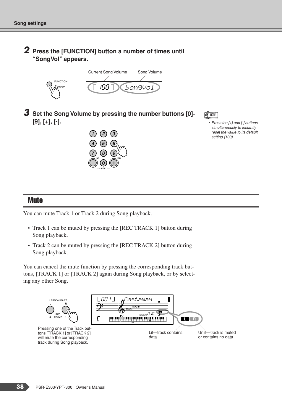 Mute, Songvol 100 | Yamaha YPT-300 User Manual | Page 38 / 84