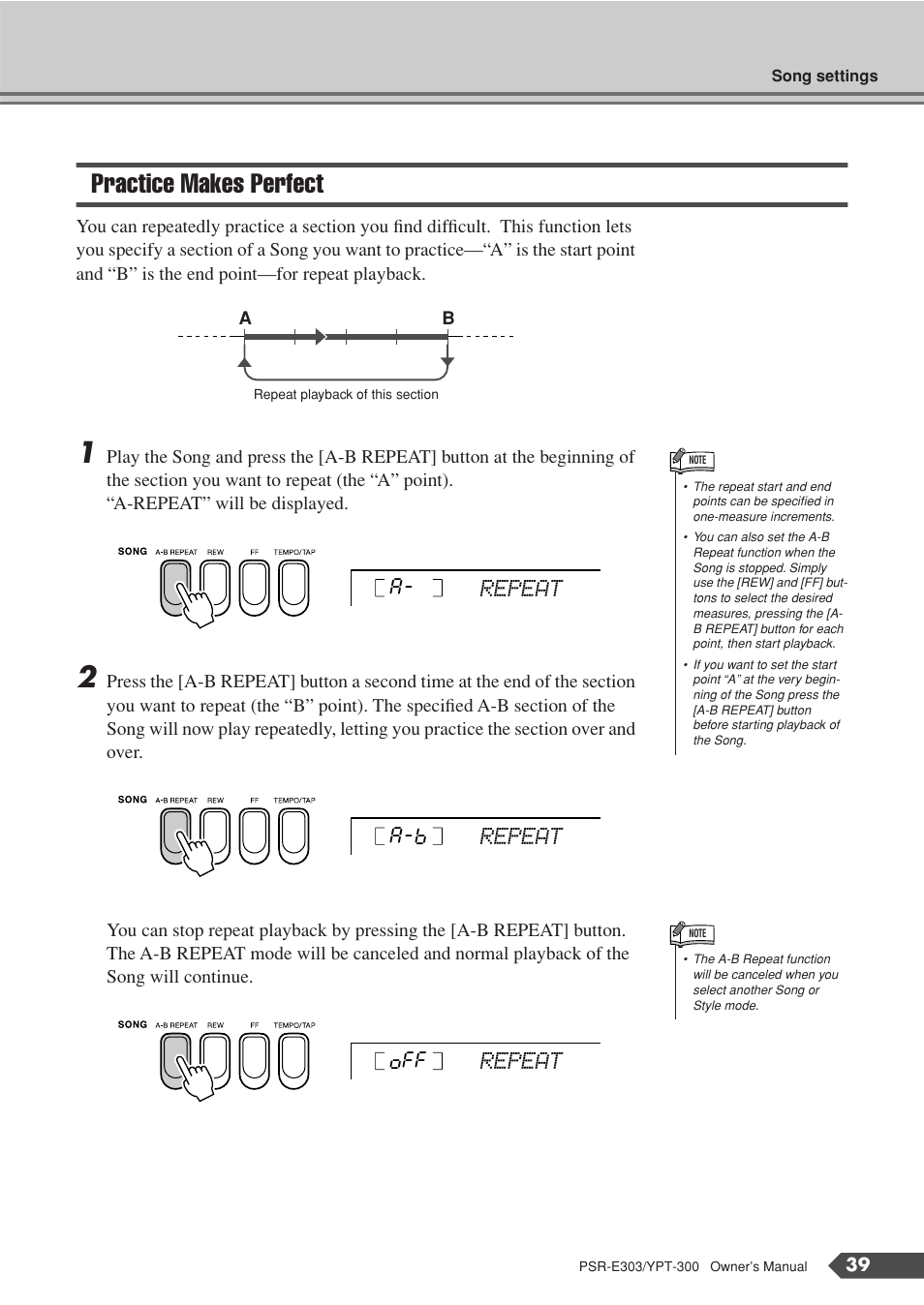 Practice makes perfect, Repeat a- repeat a-b, Repeat off | Yamaha YPT-300 User Manual | Page 39 / 84