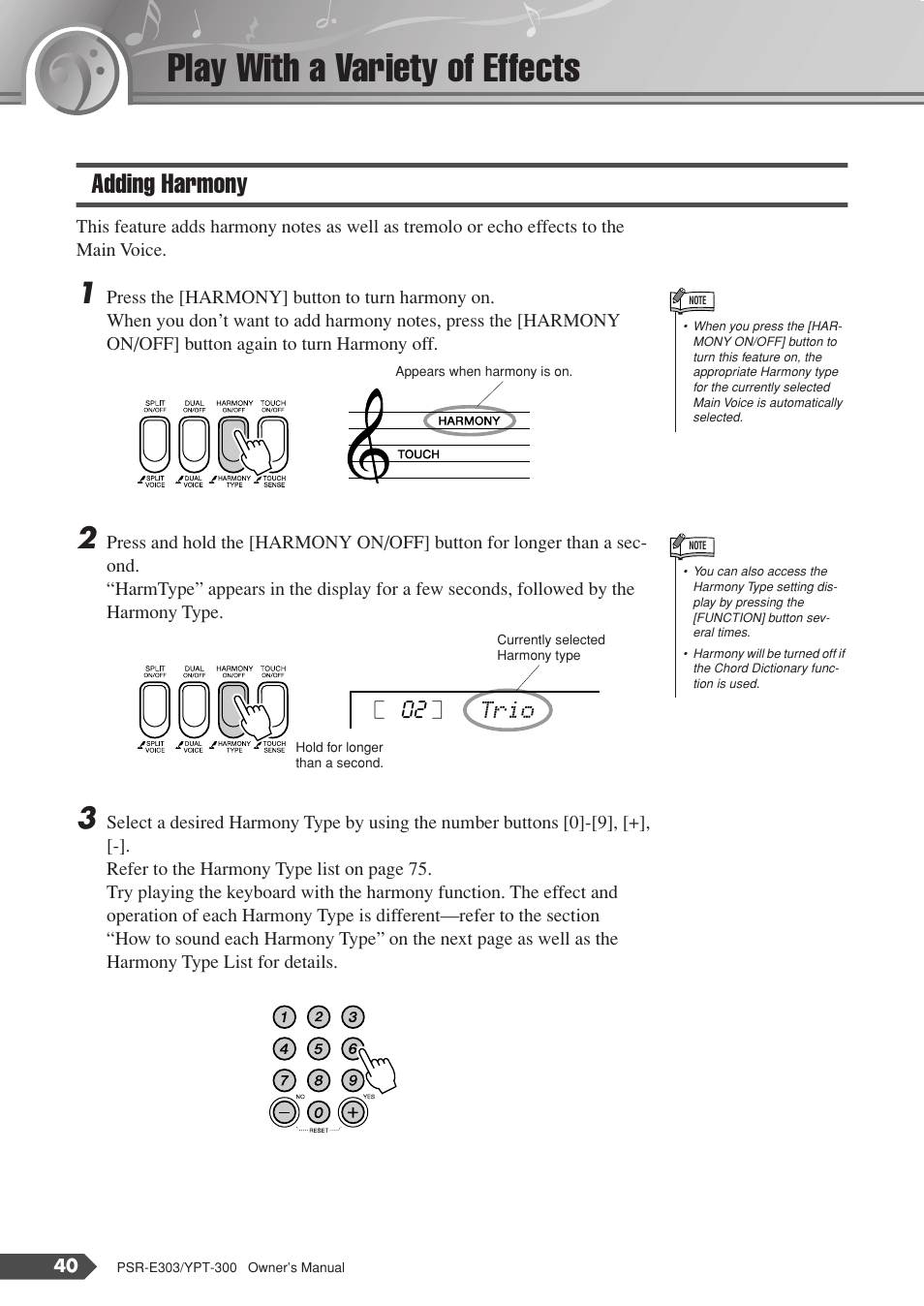 Play with a variety of effects, Adding harmony, Trio 02 | Yamaha YPT-300 User Manual | Page 40 / 84