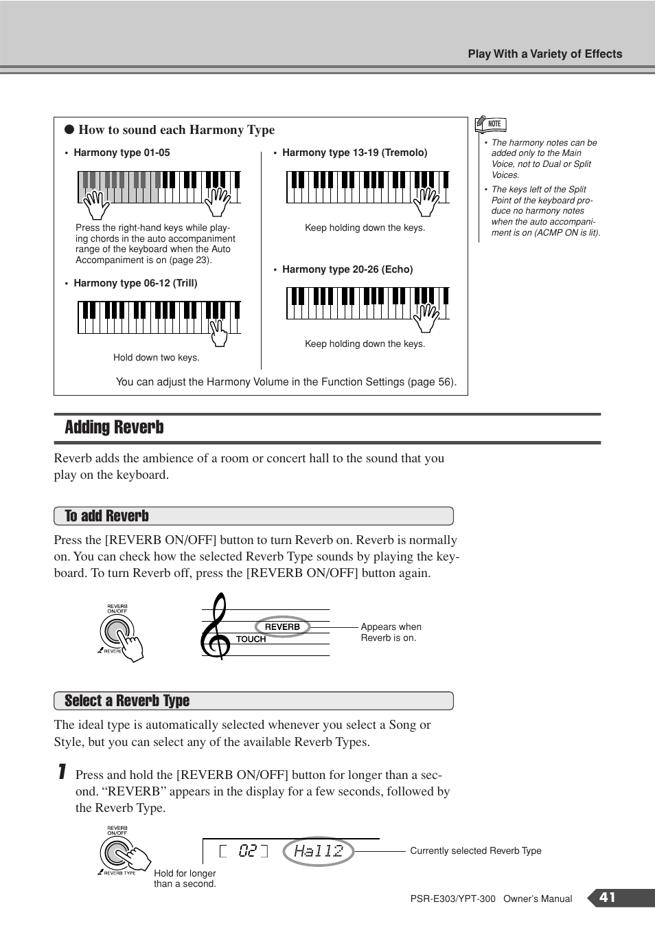 Adding reverb, Select a reverb type, Hall2 02 | Yamaha YPT-300 User Manual | Page 41 / 84