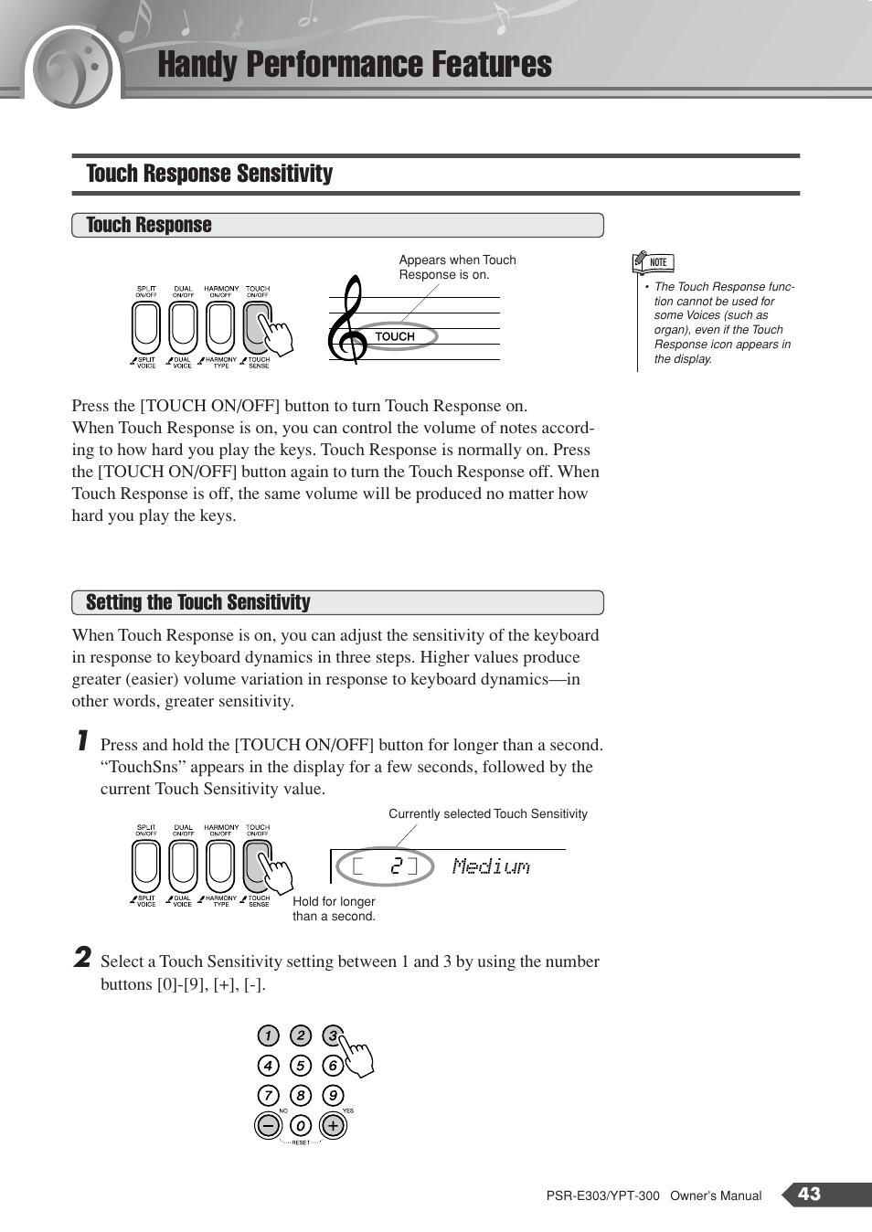 Handy performance features, Touch response sensitivity, Touch response | Setting the touch sensitivity | Yamaha YPT-300 User Manual | Page 43 / 84