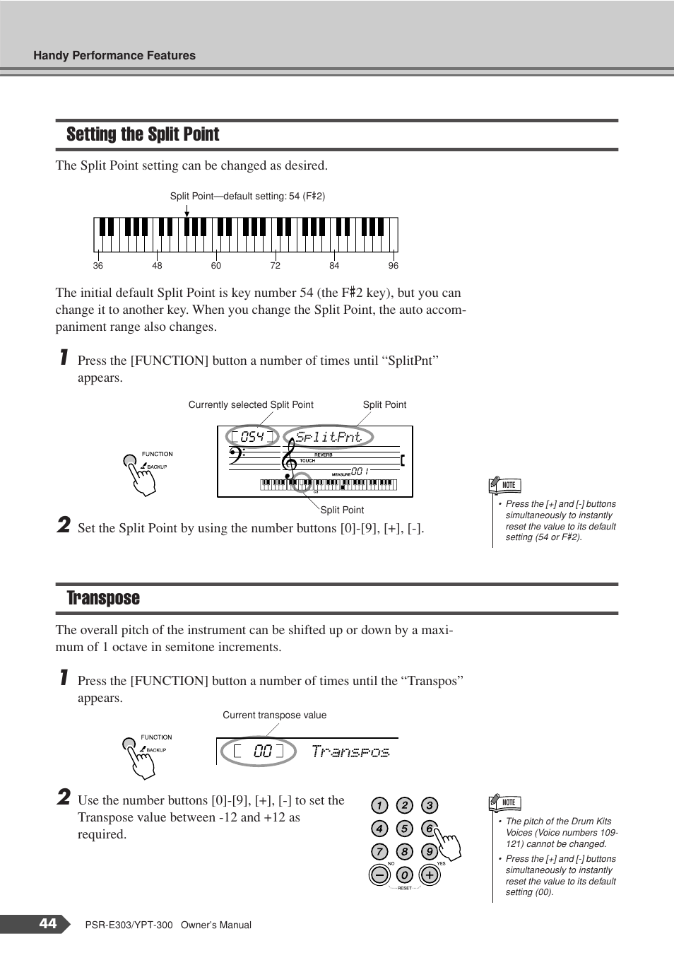 Setting the split point, Transpose, Setting the split point transpose | Transpos 00 | Yamaha YPT-300 User Manual | Page 44 / 84