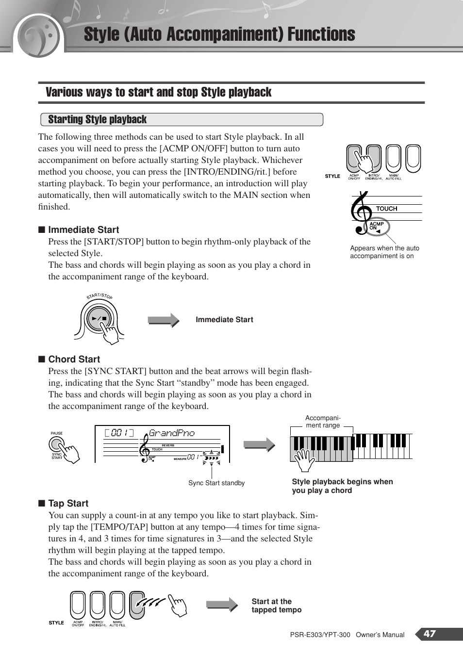 Style (auto accompaniment) functions, Various ways to start and stop style playback, Starting style playback | Yamaha YPT-300 User Manual | Page 47 / 84