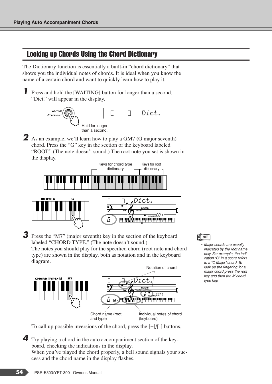 Looking up chords using the chord dictionary, Dict | Yamaha YPT-300 User Manual | Page 54 / 84