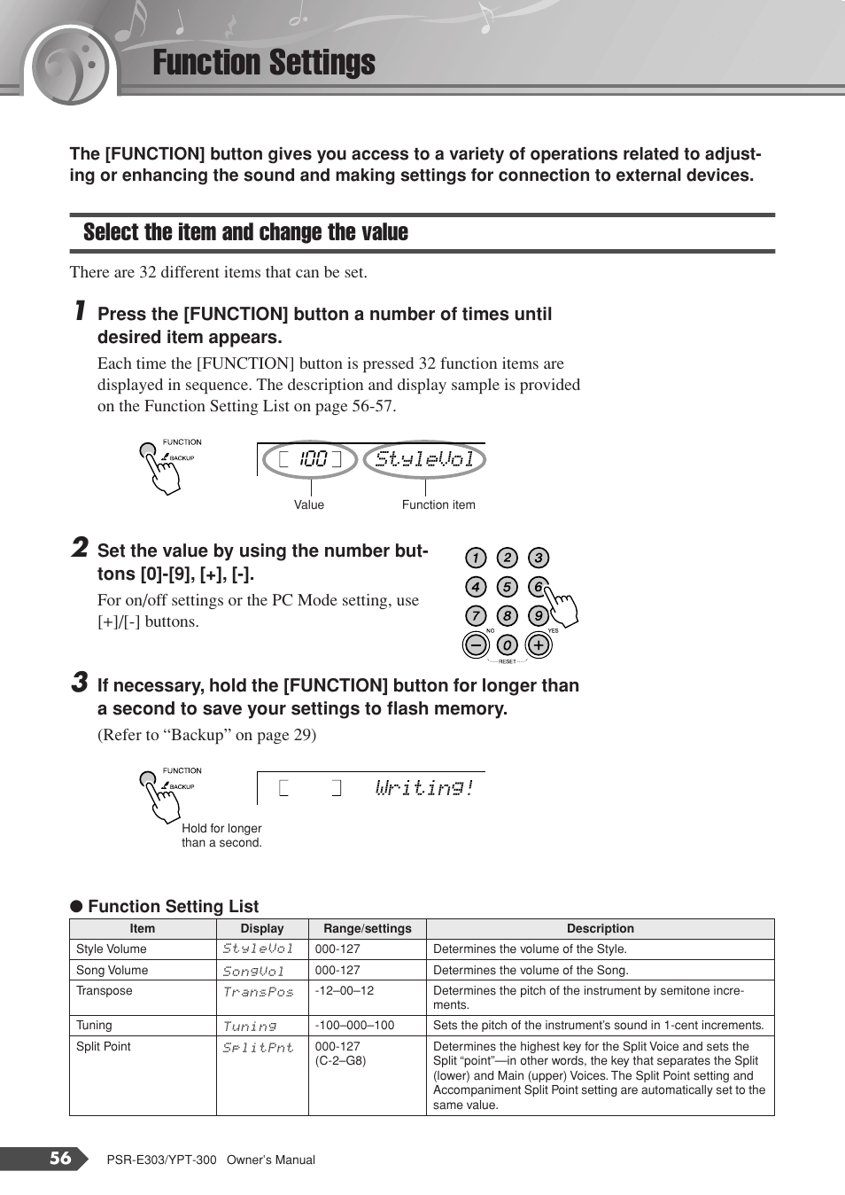 Function settings, Select the item and change the value, Stylevol 100 | Writing | Yamaha YPT-300 User Manual | Page 56 / 84