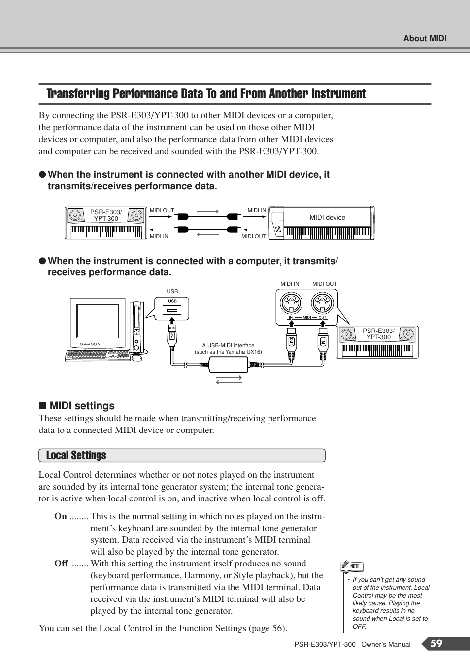Transferring performance data to and, From another instrument, Local settings | Midi settings | Yamaha YPT-300 User Manual | Page 59 / 84