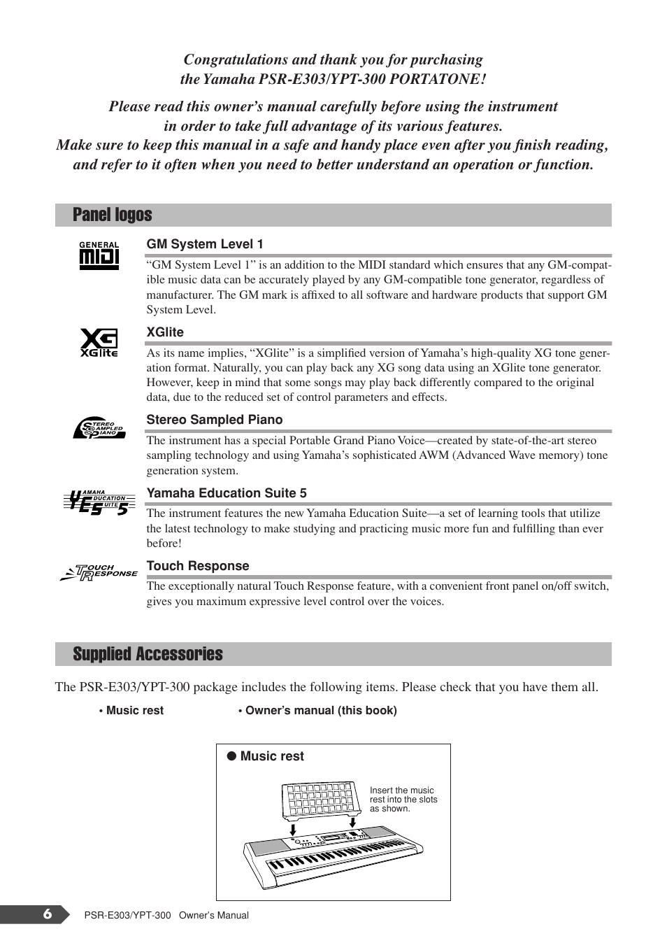 Panel logos, Supplied accessories, Panel logos supplied accessories | Yamaha YPT-300 User Manual | Page 6 / 84