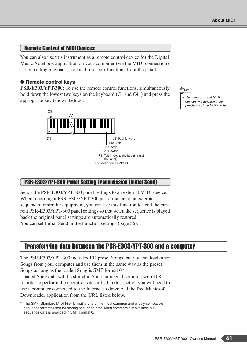 Transferring data between the psr-e303/ypt-300, And a computer, Remote control of midi devices | Yamaha YPT-300 User Manual | Page 61 / 84