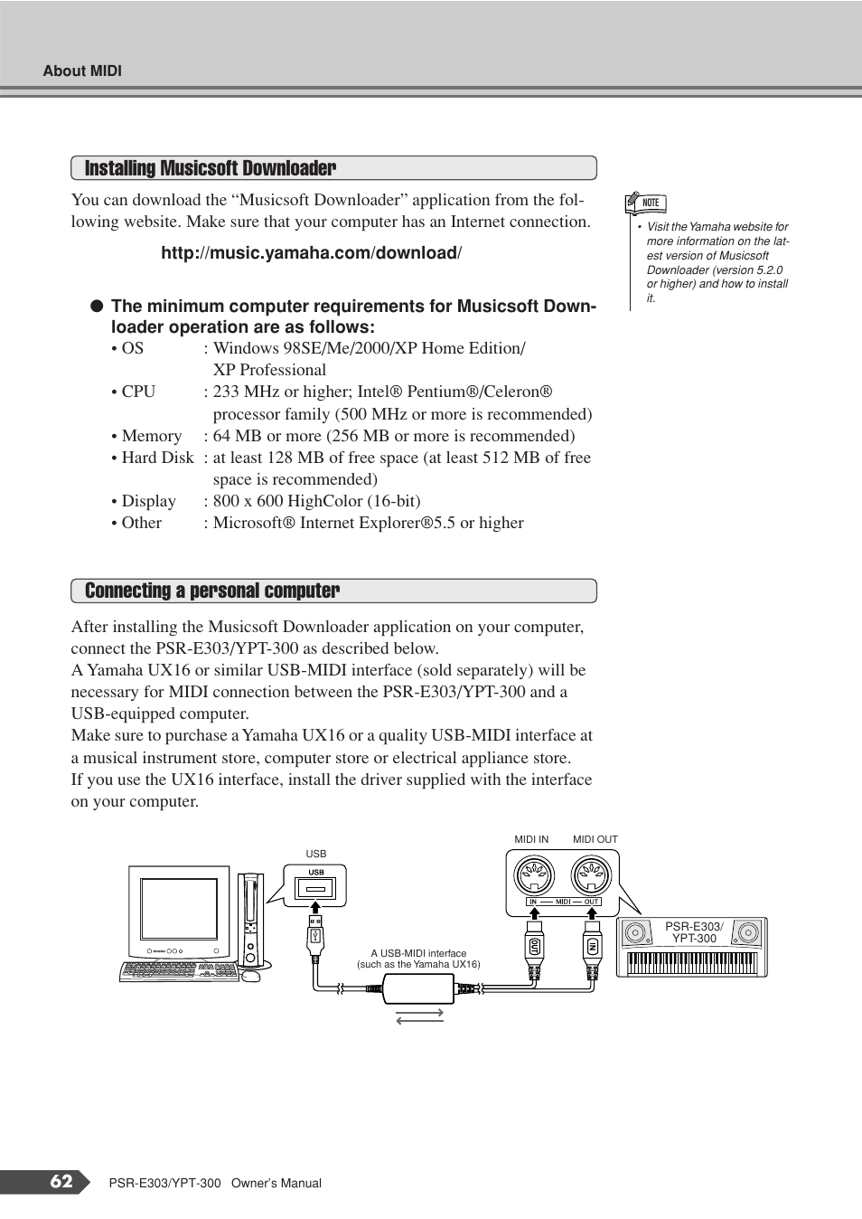 Installing musicsoft downloader, Connecting a personal computer | Yamaha YPT-300 User Manual | Page 62 / 84