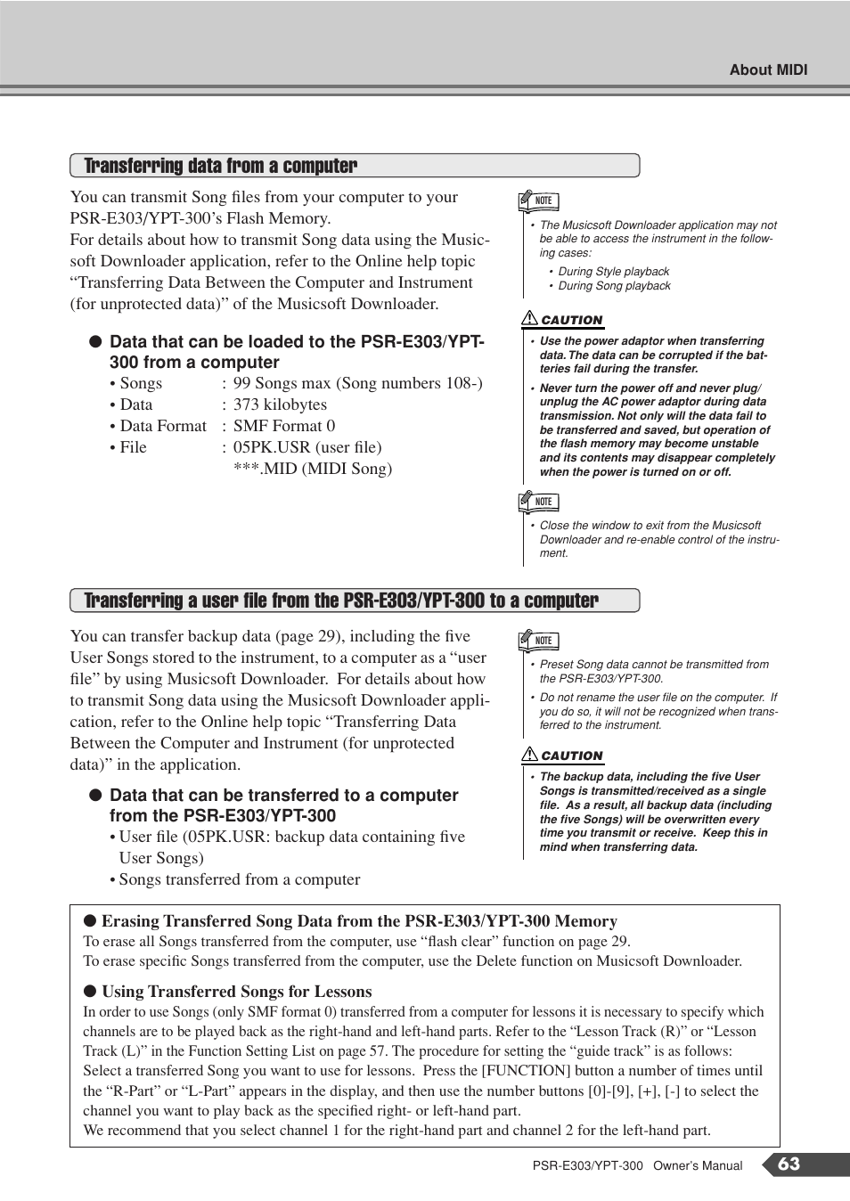 Transferring data from a computer | Yamaha YPT-300 User Manual | Page 63 / 84