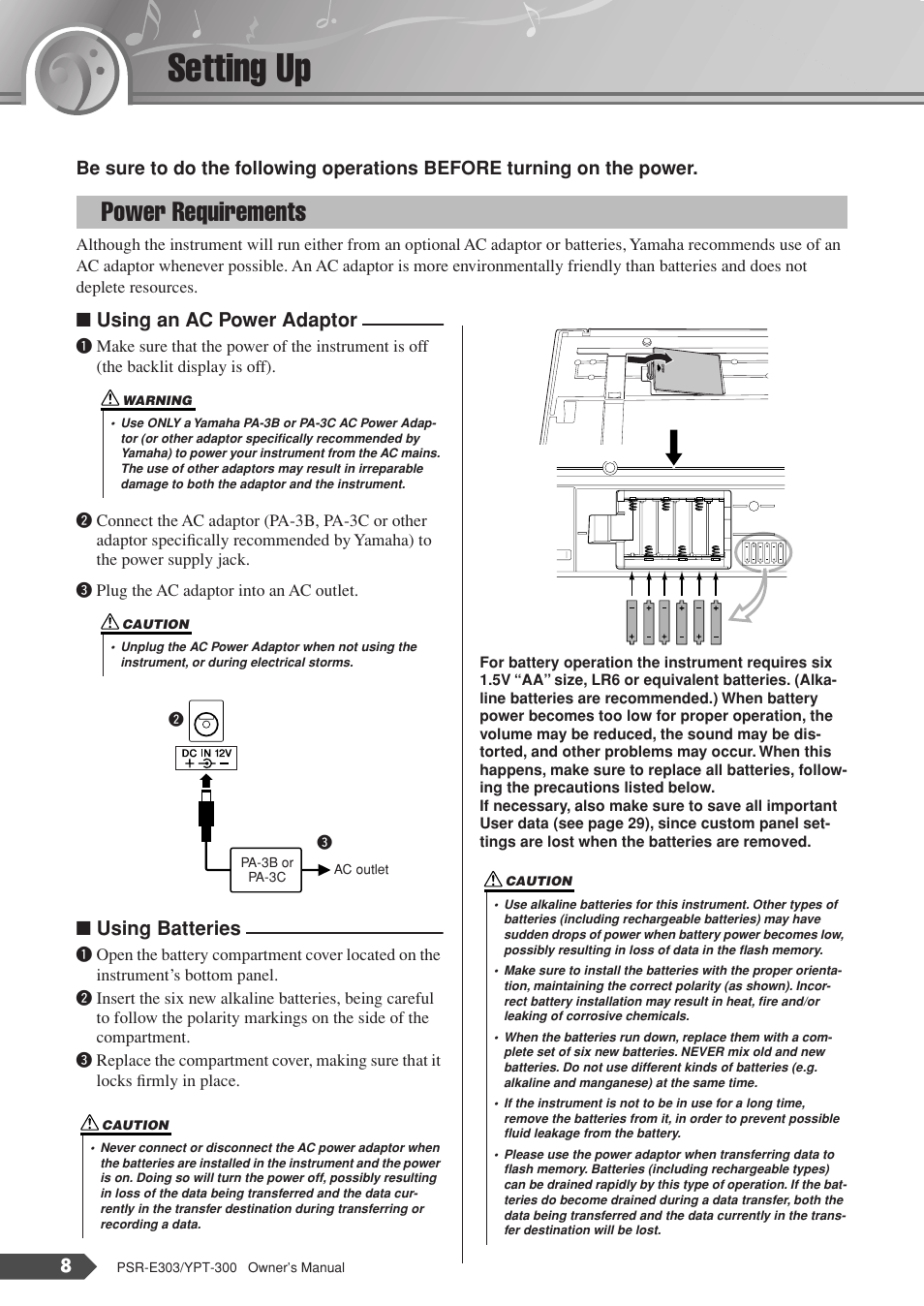 Setting up, Power requirements, Using an ac power adaptor | Using batteries | Yamaha YPT-300 User Manual | Page 8 / 84
