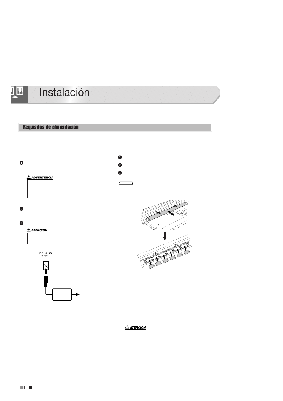 Instalación, Requisitos de alimentación | Yamaha Portable Entertainment Station PSR-K1 User Manual | Page 10 / 104