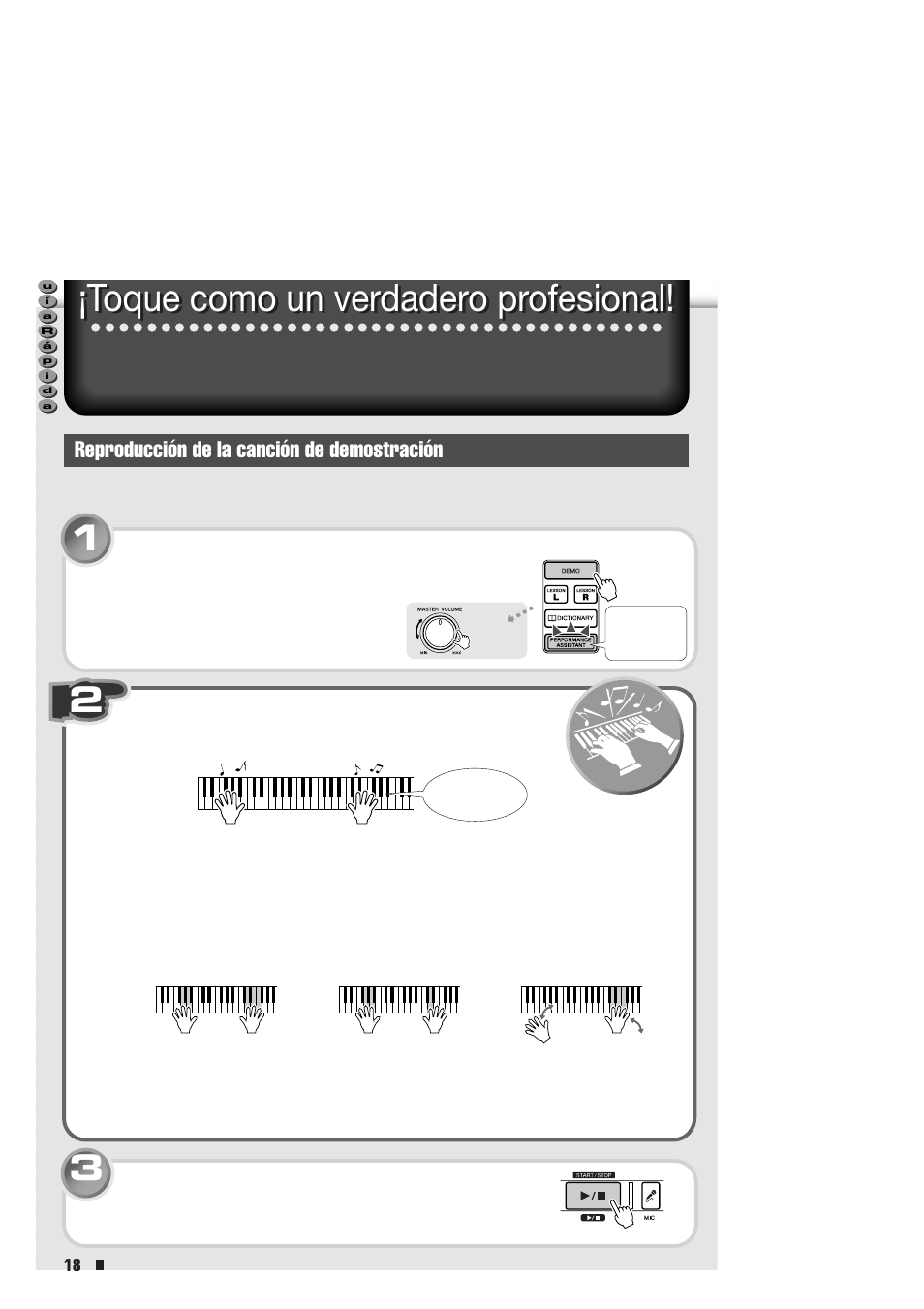 Toque como un verdadero profesional, Reproducción de la canción de demostración, Guía rápida | Yamaha Portable Entertainment Station PSR-K1 User Manual | Page 18 / 104