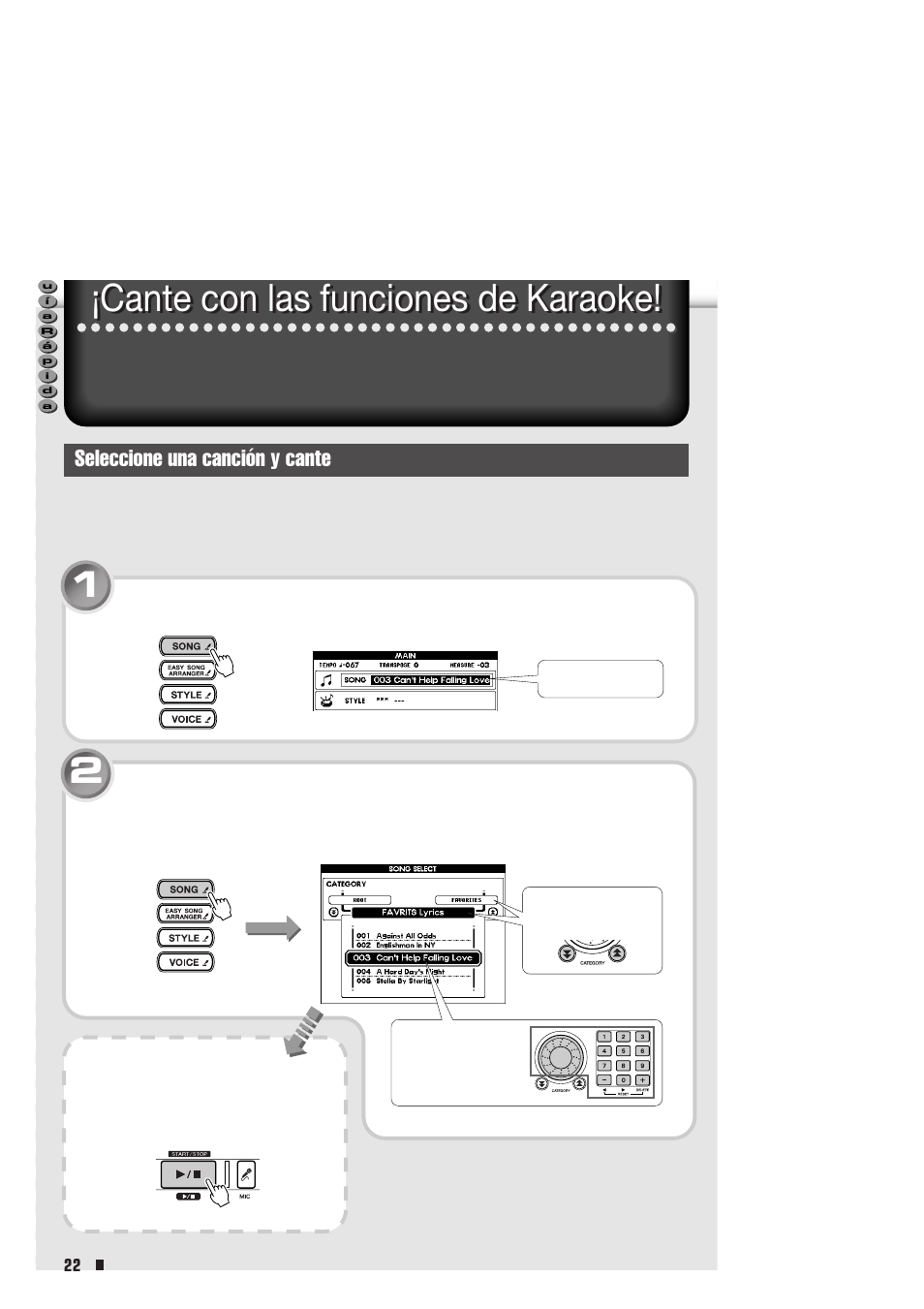 Cante con las funciones de karaoke, Seleccione una canción y cante | Yamaha Portable Entertainment Station PSR-K1 User Manual | Page 22 / 104