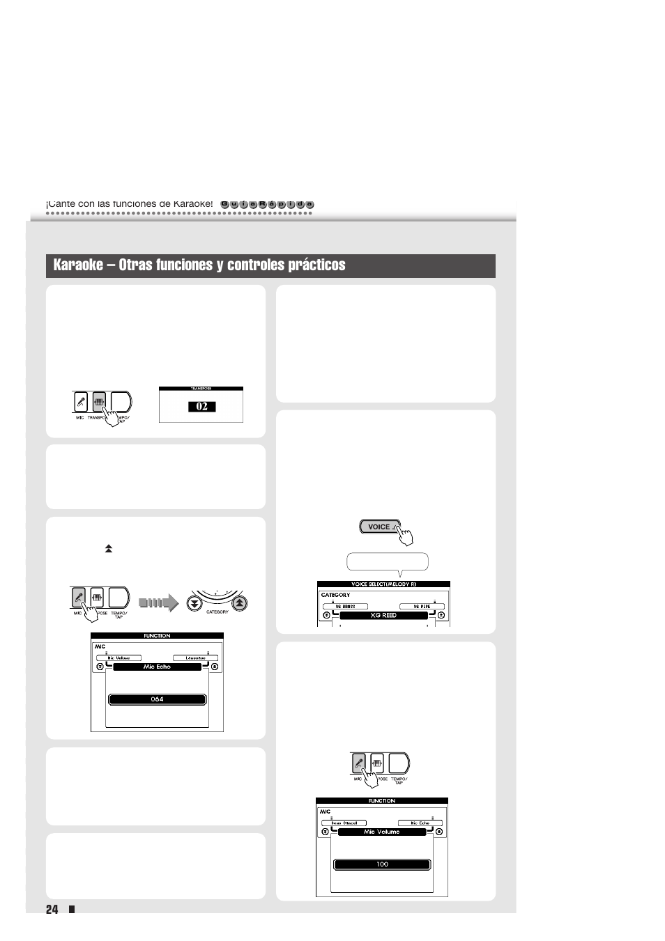 Karaoke - otras funciones y controles prácticos, Karaoke – otras funciones y controles prácticos | Yamaha Portable Entertainment Station PSR-K1 User Manual | Page 24 / 104