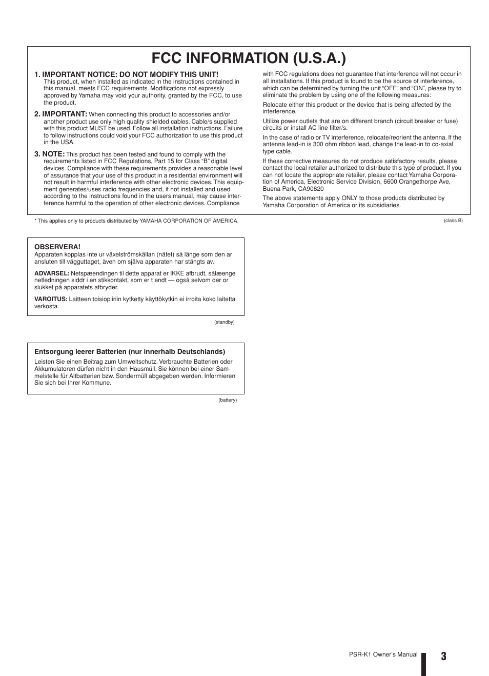 Fcc information, Fcc information (u.s.a.) | Yamaha Portable Entertainment Station PSR-K1 User Manual | Page 3 / 104
