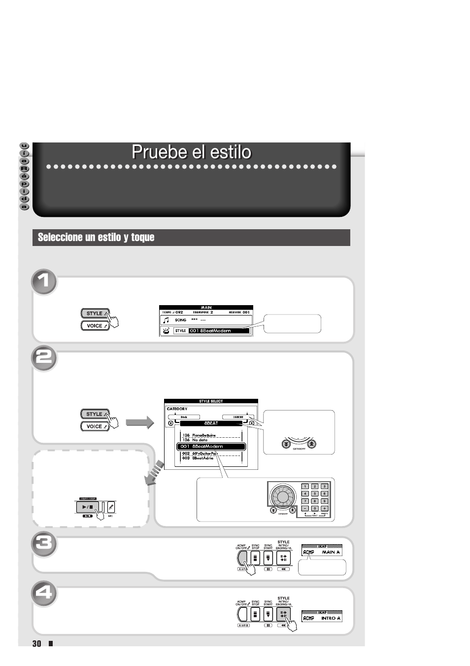 Pruebe el estilo, Seleccione un estilo y toque | Yamaha Portable Entertainment Station PSR-K1 User Manual | Page 30 / 104