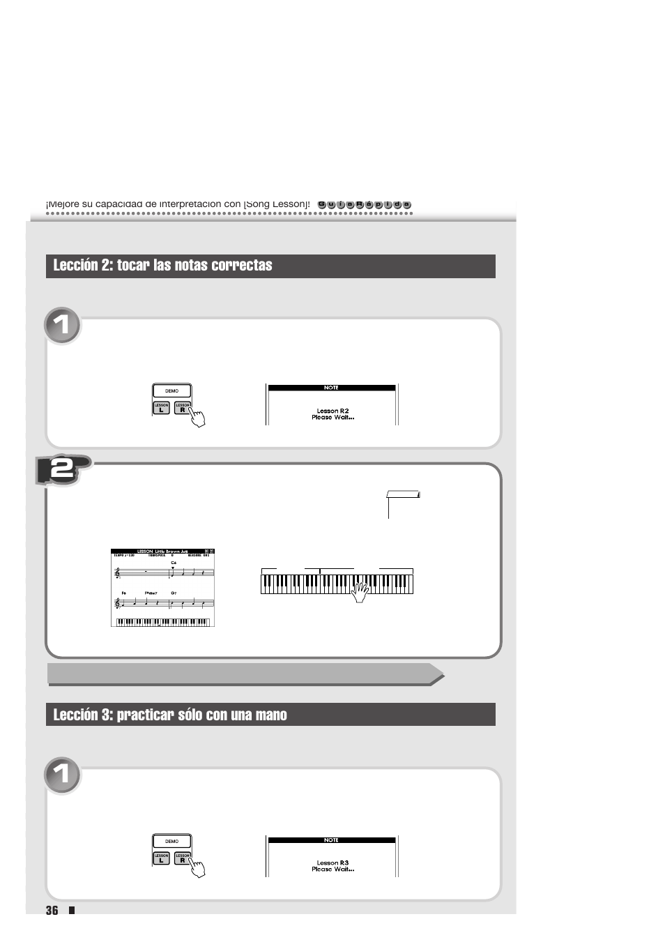 Lección 2: tocar las notas correctas, Lección 3: practicar sólo con una mano | Yamaha Portable Entertainment Station PSR-K1 User Manual | Page 36 / 104