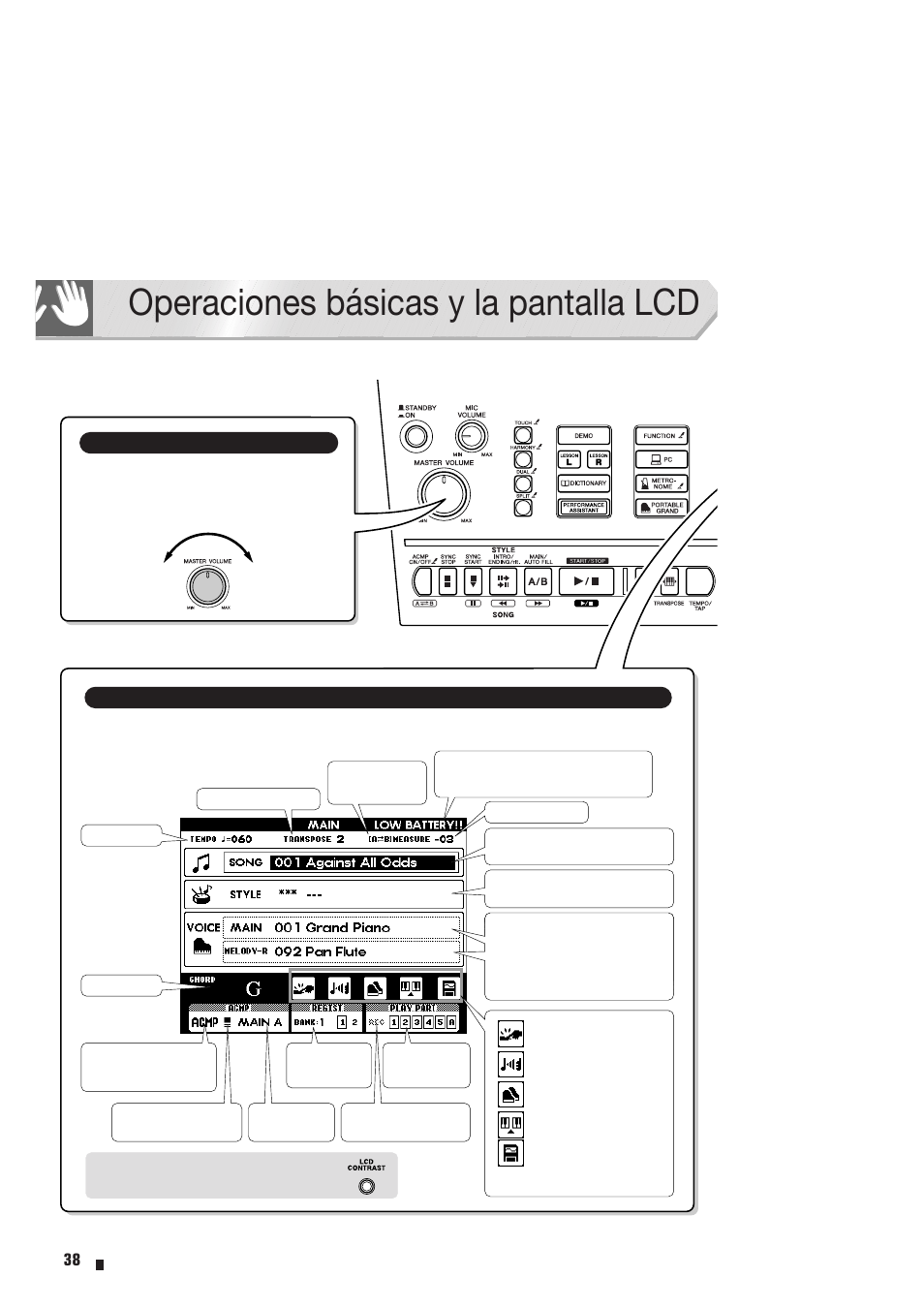 Operaciones básicas y la pantalla lcd, Ajustar el volumen pantalla principal | Yamaha Portable Entertainment Station PSR-K1 User Manual | Page 38 / 104
