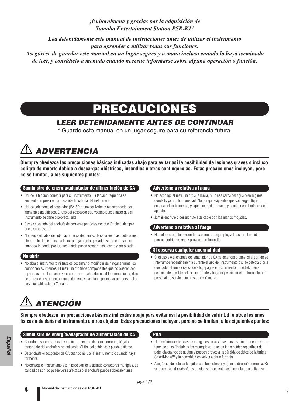 Precauciones, Advertencia, Atención | Leer detenidamente antes de continuar | Yamaha Portable Entertainment Station PSR-K1 User Manual | Page 4 / 104