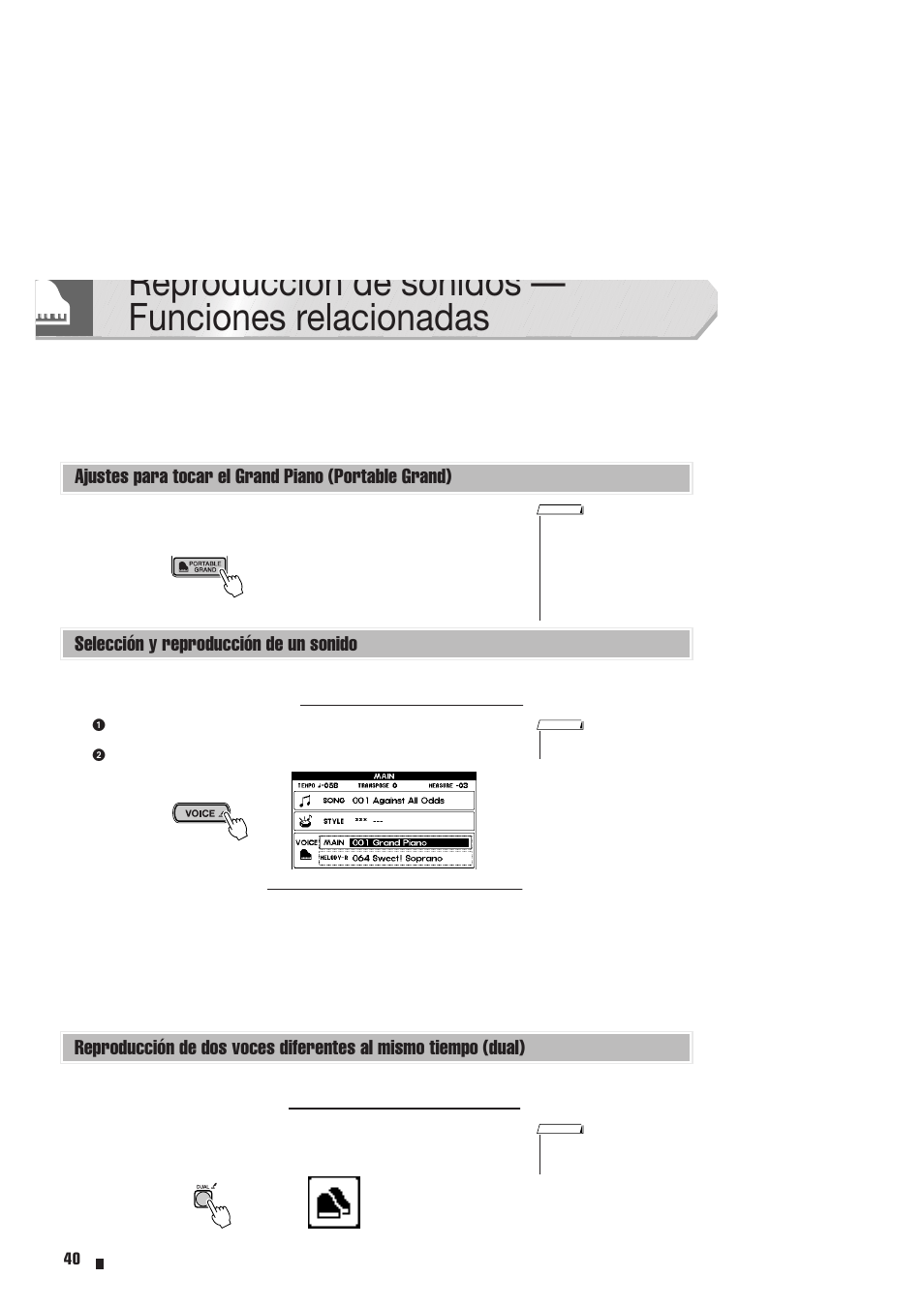 Reproducción de sonidos - funciones relacionadas, Ajustes para tocar el grand piano (portable grand), Selección y reproducción de un sonido | Reproducción de sonidos — funciones, Relacionadas, Reproducción de sonidos — funciones relacionadas | Yamaha Portable Entertainment Station PSR-K1 User Manual | Page 40 / 104