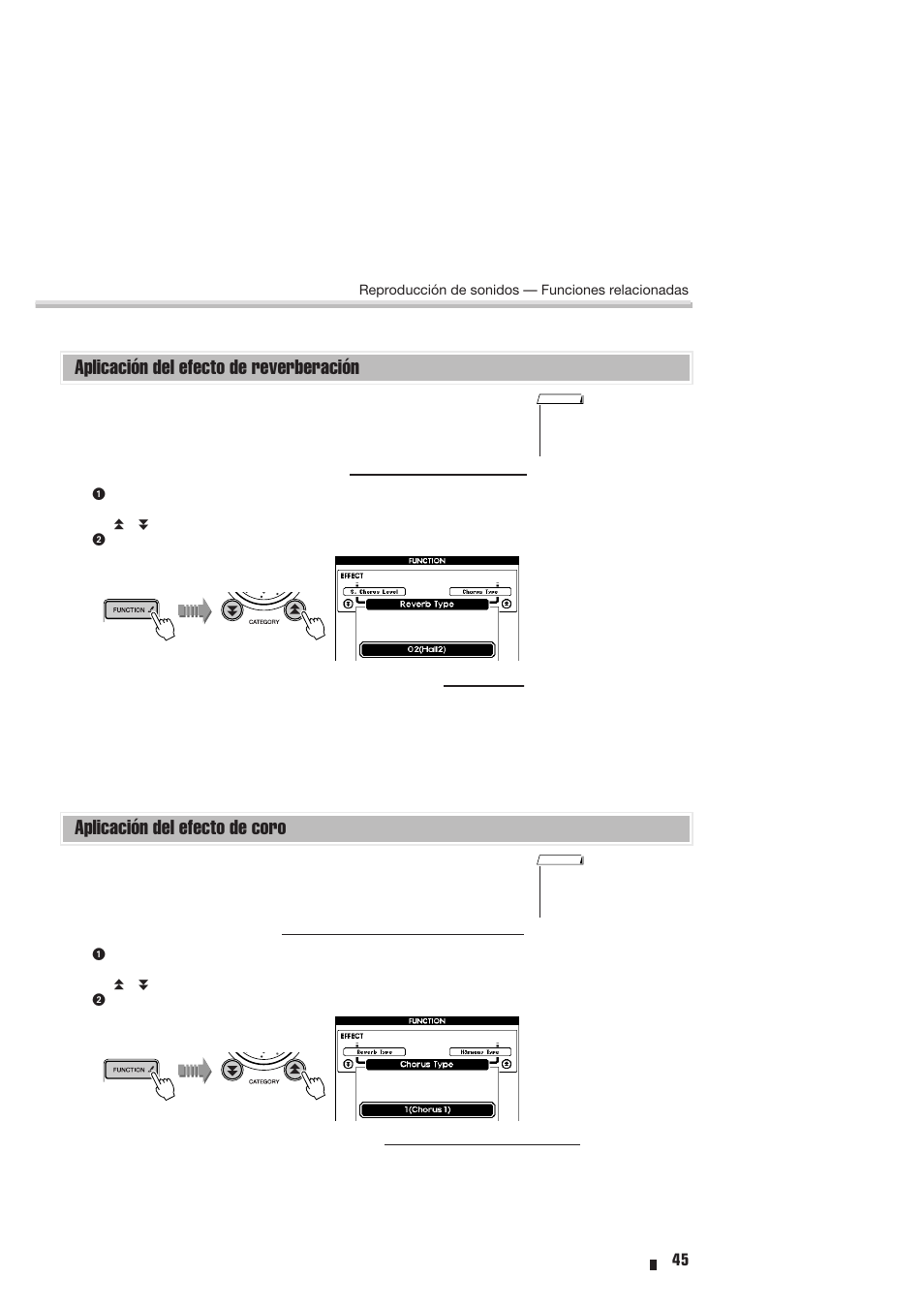 Aplicación del efecto de reverberación, Aplicación del efecto de coro | Yamaha Portable Entertainment Station PSR-K1 User Manual | Page 45 / 104