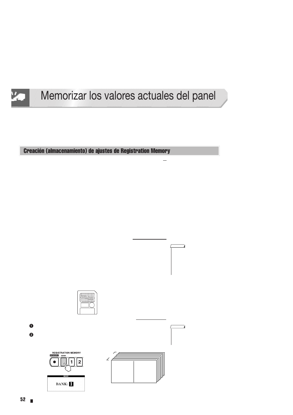 Memorizar los valores actuales del panel, Creación (almacenamiento) de ajustes de, Registration memory | Yamaha Portable Entertainment Station PSR-K1 User Manual | Page 52 / 104