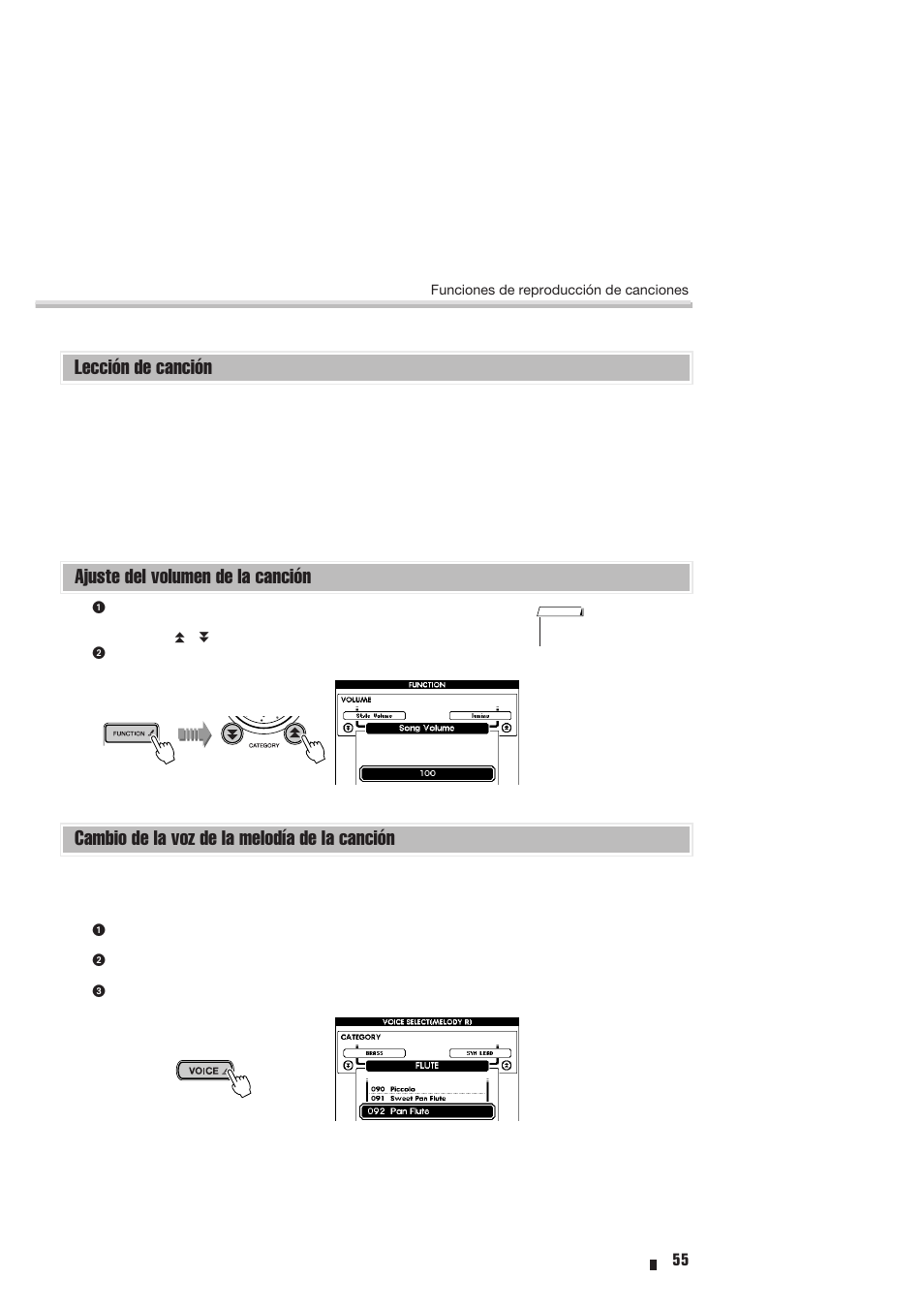 Lección de canción, Ajuste del volumen de la canción, Cambio de la voz de la melodía de la canción | Yamaha Portable Entertainment Station PSR-K1 User Manual | Page 55 / 104