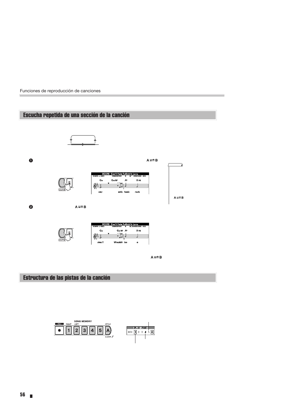 Escucha repetida de una sección de la canción, Estructura de las pistas de la canción | Yamaha Portable Entertainment Station PSR-K1 User Manual | Page 56 / 104