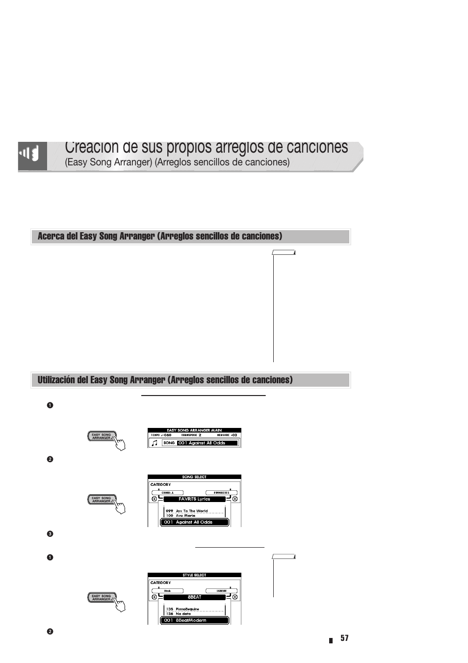 Song arranger) (arreglos sencillos de canciones), Acerca del easy song arranger (arreglos sencillos, De canciones) | Creación de sus propios arreglos de canciones | Yamaha Portable Entertainment Station PSR-K1 User Manual | Page 57 / 104